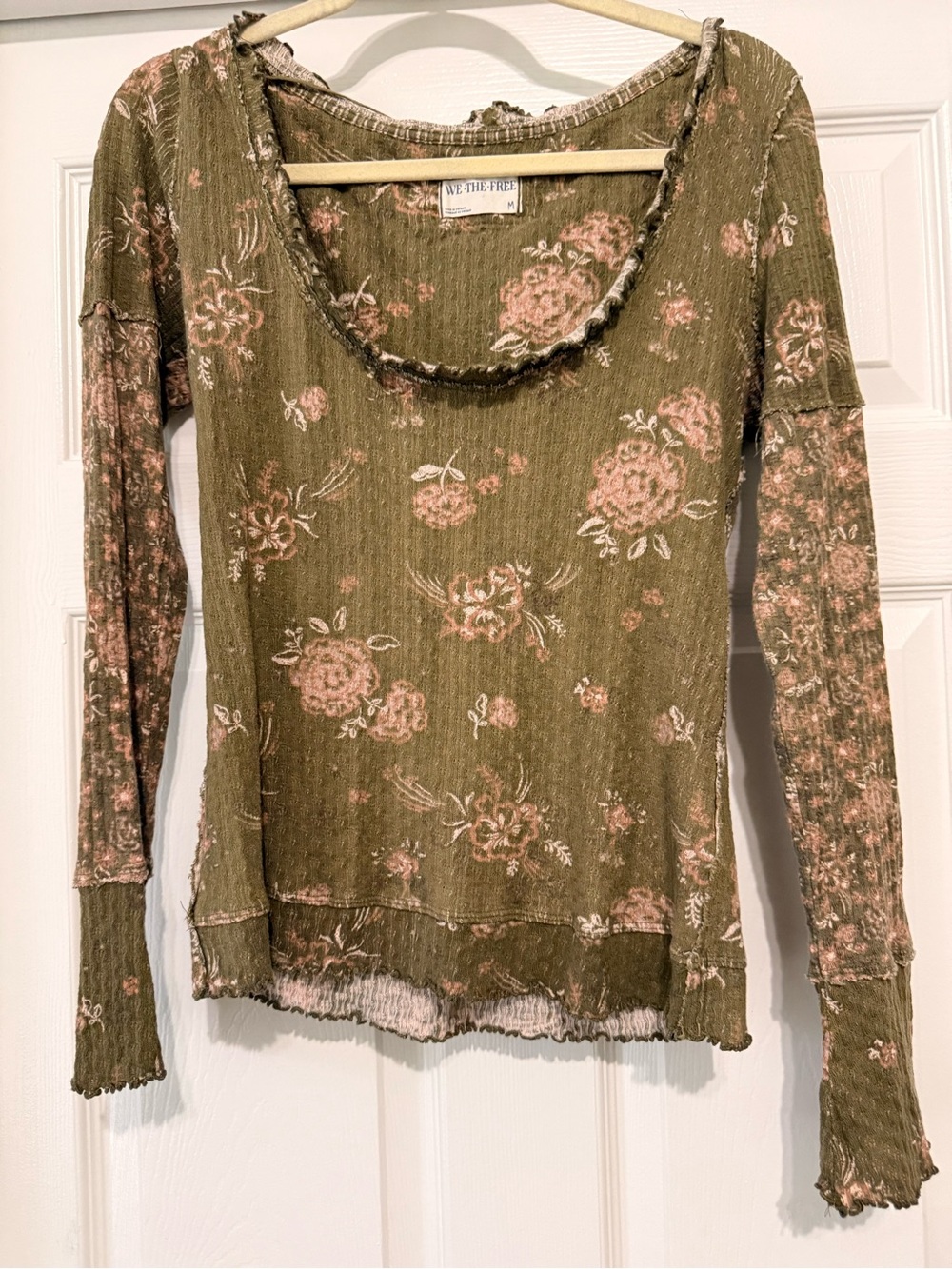 We The Free Olive & Pink Floral Ribbed Long-Sleeve Top
